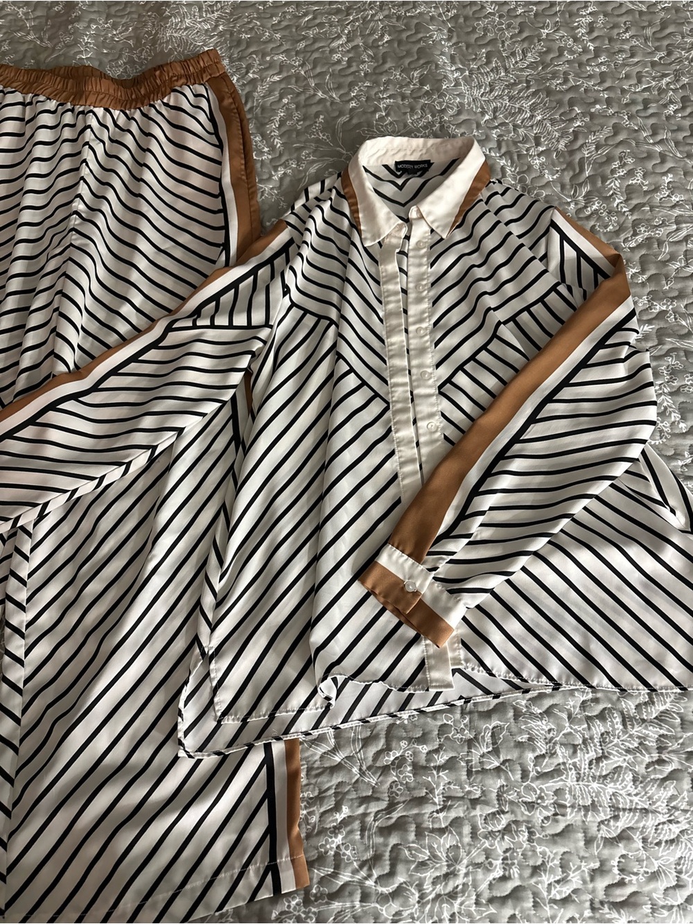 Striped Satin Two-Piece Set with Tan Trim